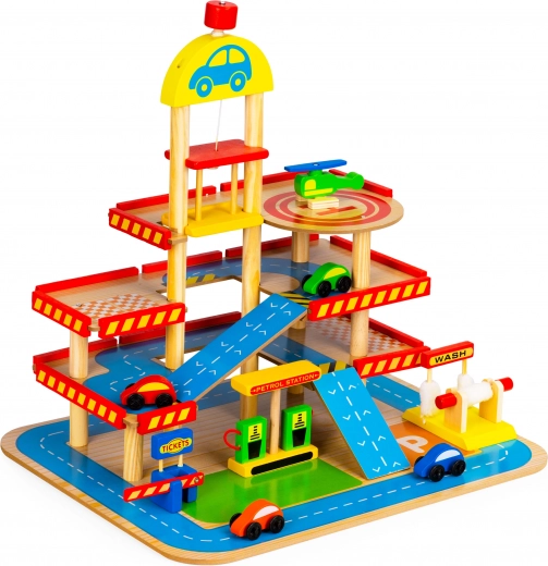 Grote houten garage met lift en autootjes van Ecotoys