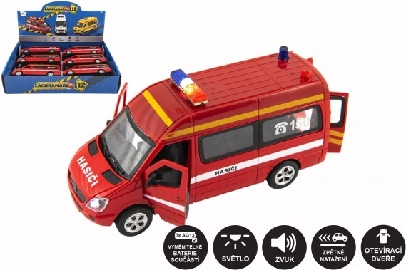 Brandweerauto metaal/kunststof 15 cm met licht en geluid, terugtrekmechanisme