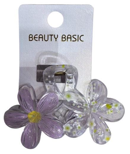 Haarclip PINK transparant met twee bloemen paars