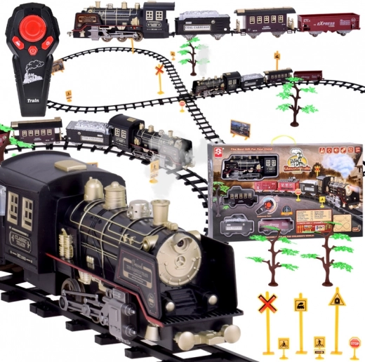 Grote retro trein met locomotief op afstandsbediening met licht en stoom