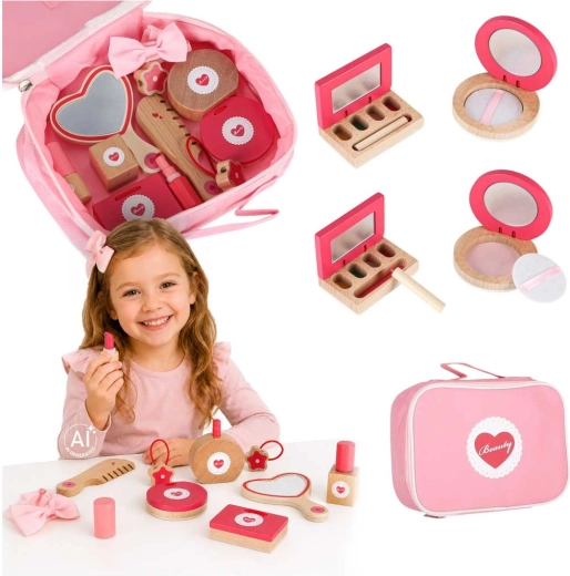 Houten cosmeticaset in tasje voor kinderen