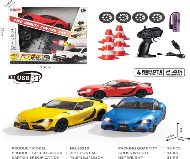 Gele SPEED-driftauto met accessoires
