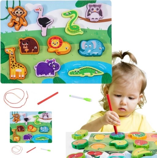 Houten magnetische puzzel dieren met koord