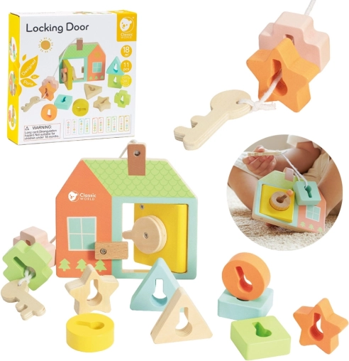 Classic World Montessori houten kralen rijgen sleutels en deuren 11 stuks