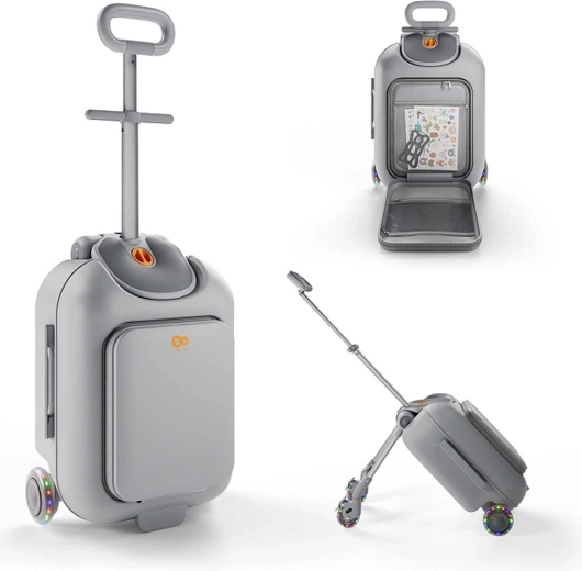 Kinderkraft Cabby grijze kinderreiskoffer met zitje 2-in-1