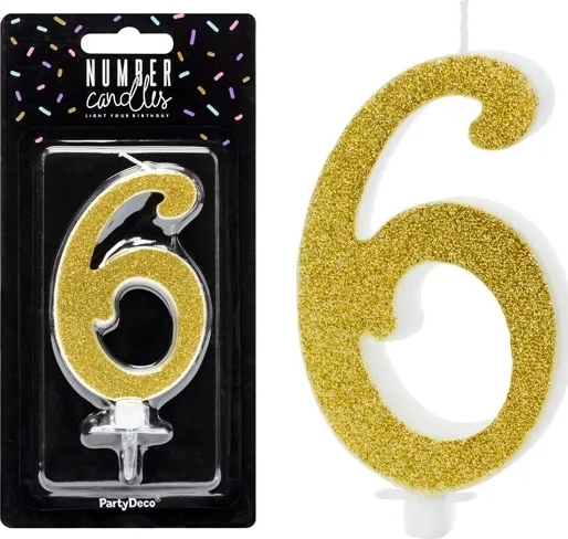 Verjaardagstaartkaars cijfer 6 goud 10 cm - 1 stuk