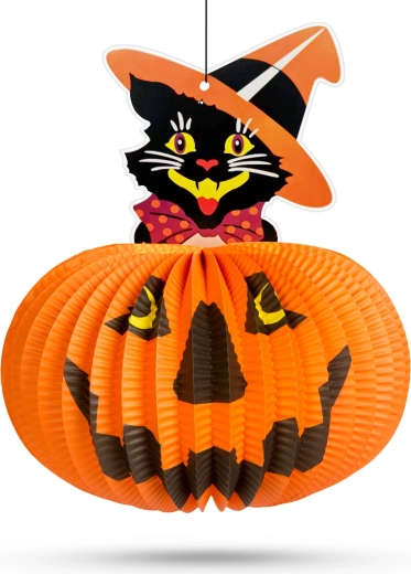 Halloween papieren lampion in de vorm van een pompoen met kattenmotief – 1 stuk