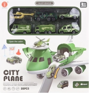 Vliegtuig met uitklapbare garage en militaire autootjes