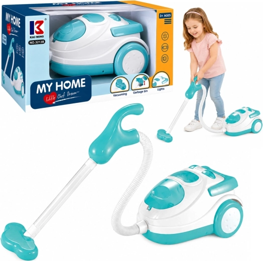 Blauw-witte kinderstofzuiger op batterijen met licht, geluid en polystyreenbolletjes