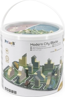 Houten bouwset PolarB – moderne stad, 56 blokken