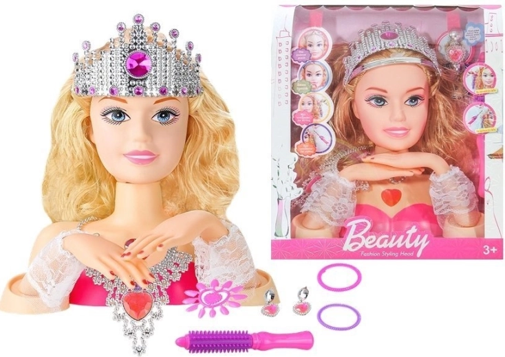 Poppenhoofd voor stylisatie met kroon en accessoires