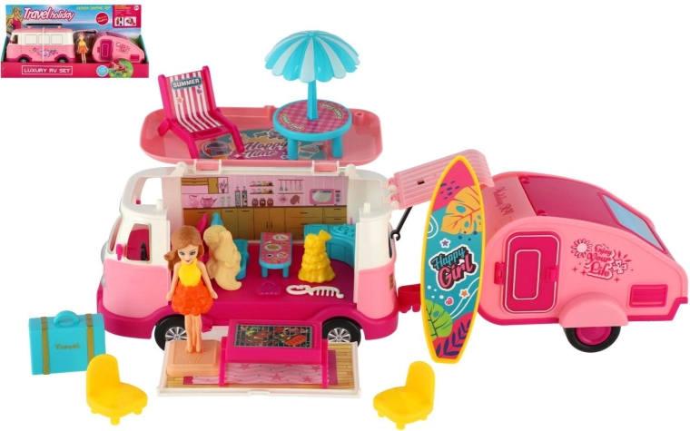 Retro camper met aanhanger en pop