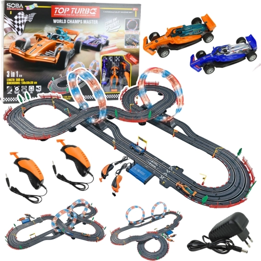 Racebaan 3-in-1 met verlichte loops, auto’s en controllers 560 cm