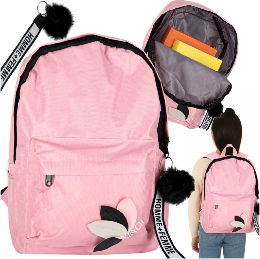 Roze schoolrugzak met pomponhanger