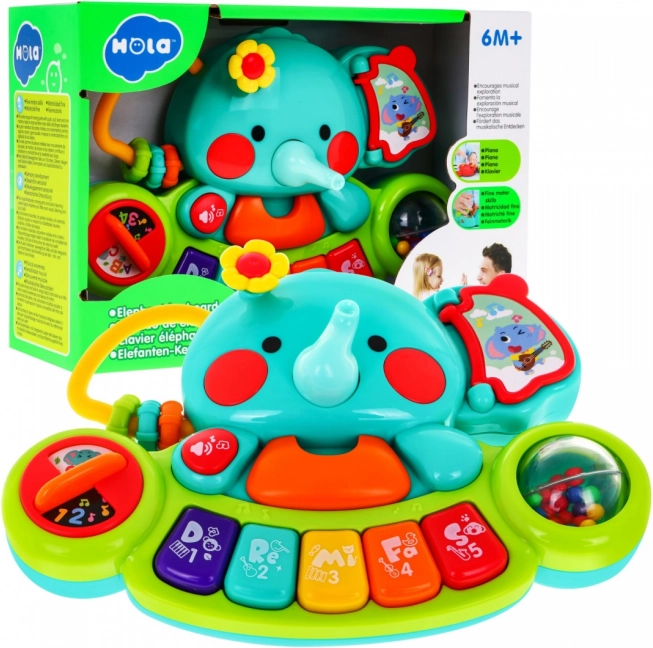 Interactieve olifant met mini-piano voor kinderen 6m+ – muzikaal speelgoed en rammelaar