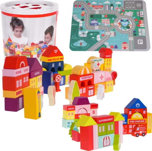 Houten Blokken Stad voor Kinderen 3+ Puzzel Mat en Vorm Sorteren