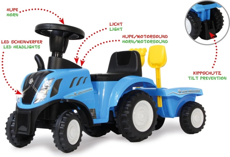 New Holland T7 looptractor voor kinderen met aanhanger 2-in-1 blauw