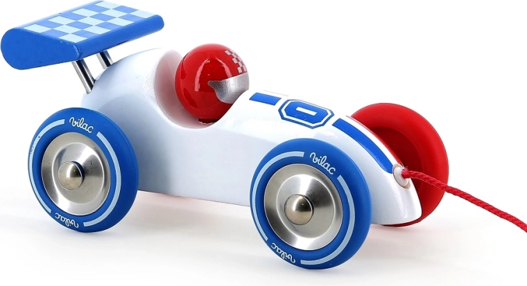 Vilac trek-raceauto in tricolore (wit met blauw spatbord)