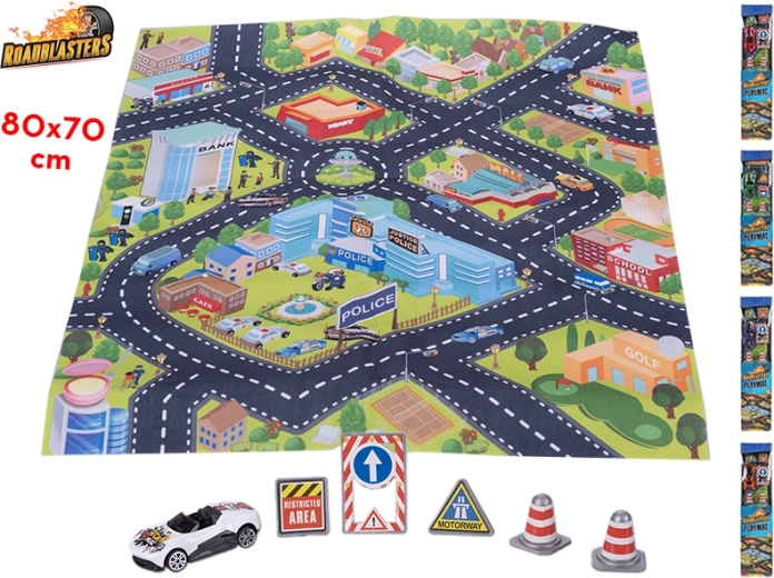 Verkeerstapijt Roadblasters 80 × 70 cm met autootje en verkeersborden