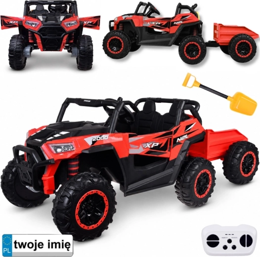 Elektrische kinderbuggy 4x4 voor twee met aanhanger – rood