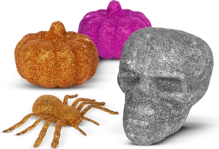 Glitterende Halloween-decoratieset met spin, schedel en pompoenen