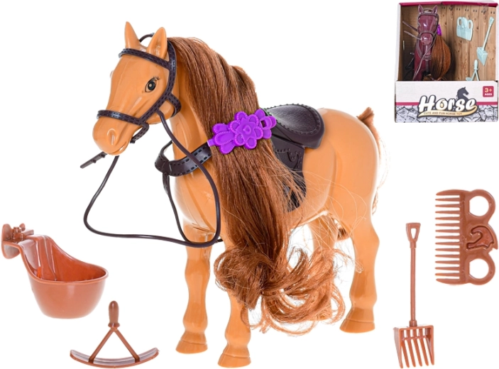 Kunststof paard 17 cm met accessoires voor verzorging en rijden