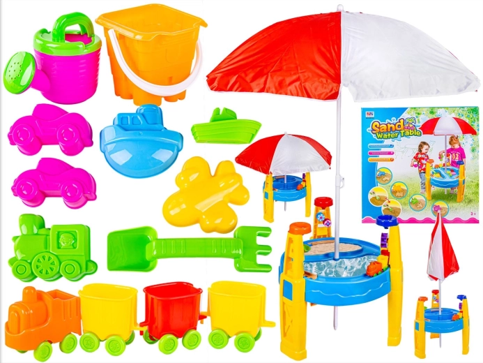 Zandbak 2-in-1 – water- en zandtafel met parasol en accessoires