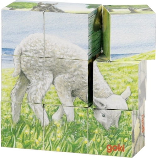 Goki houten kubuspuzzel boerderijdieren – 9 stuks
