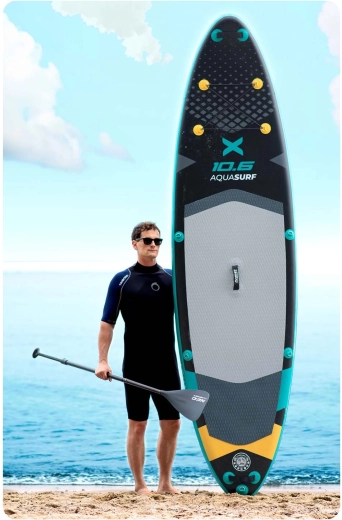 Alles in de set: peddel, pomp, leash en rugzak