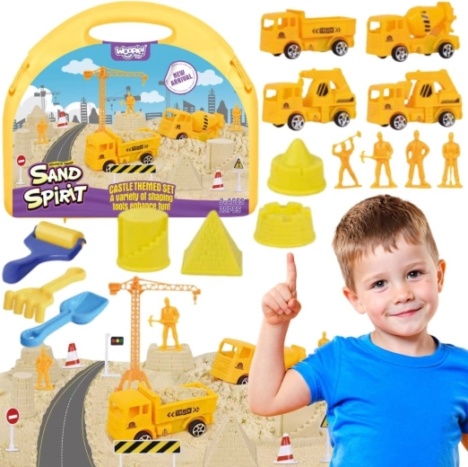 Woopie magisch kinetisch zand – bouwplaats met kraan en autootjes in koffer 2-in-1