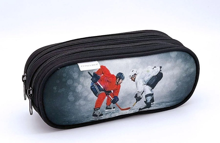 Etui met ijshockeymotief, 2 ritsen, grijs