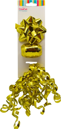 Cadeauset in metallic goud – strik 9 cm, lint 10 m, smal strikje 6 mm (3 stuks)