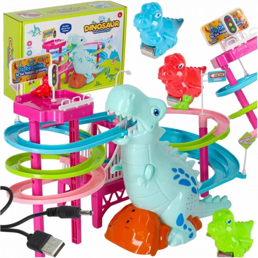Racebaan dinosaurus met glijbaan, bewegende trap, LED en geluid