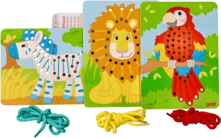 Houten rijgspeelgoed Goki - Papegaai, Leeuw en Zebra