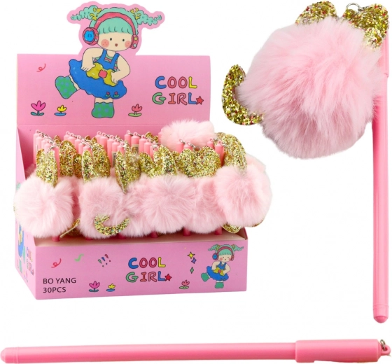 Gelpen met roze pompon, blauwe inkt, 17 cm, 0,5 mm