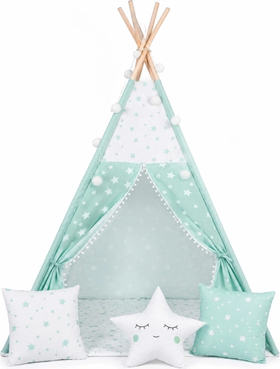 Kindertipi-tent Nukido met lichtjes in mintkleur met sterren