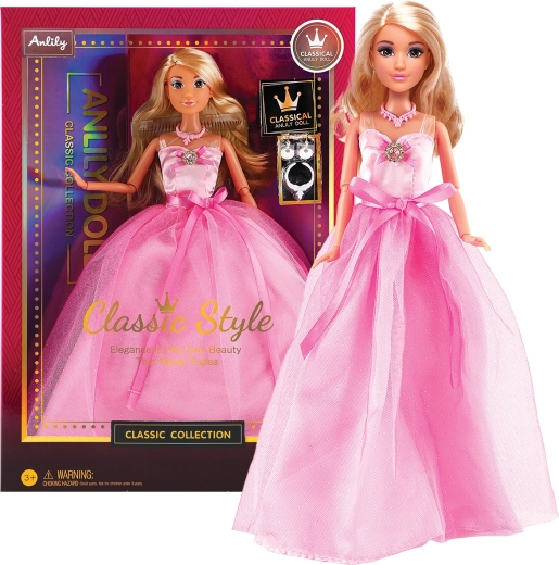 Modieuze pop in avondjurk – lang roze