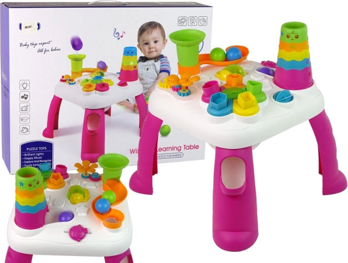 Interactieve educatieve kindertafel met knikker- en vormenglijbaan – roze