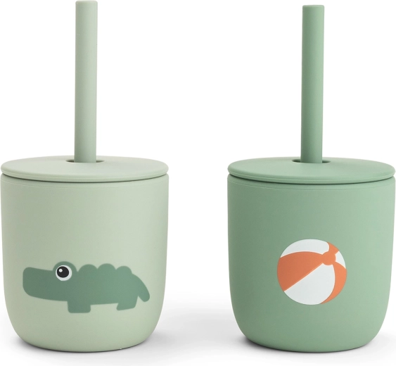 Done by Deer siliconen bekertjes met rietje Playground, groen (2 stuks)