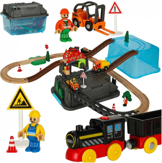 Houten bouw-treinbaan 55 delen met locomotief en accessoires