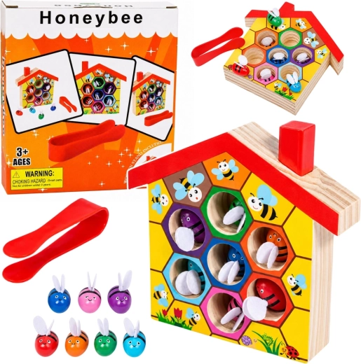 Houten Montessori-bijenkorf met bijtjes en pincet (7 stuks)