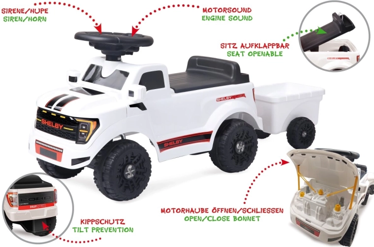 JAMARA Shelby Ford F-150 Raptor loopauto voor kinderen met aanhanger, wit