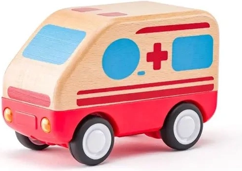 Houten Woody-ambulance met vliegwielaandrijving, licht en geluid