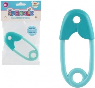 Plastic turquoise rammelaar voor kinderen in de vorm van een speld