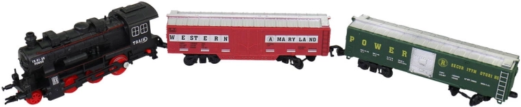 Locomotief en twee wagons in de set