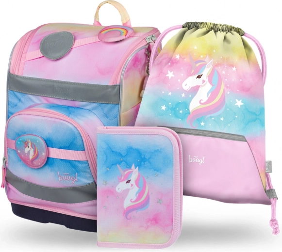 Set 3 BAAGL Zippy plus Rainbow Unicorn: aktetas, etui en zak
