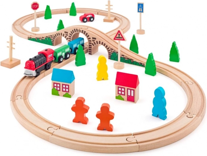 Houten treinbaan met batterijlocomotief 3+