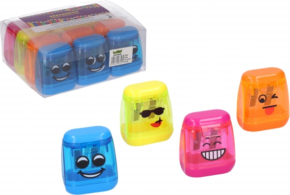 Puntenslijper voor twee potloden met reservoir – smiley, transparant