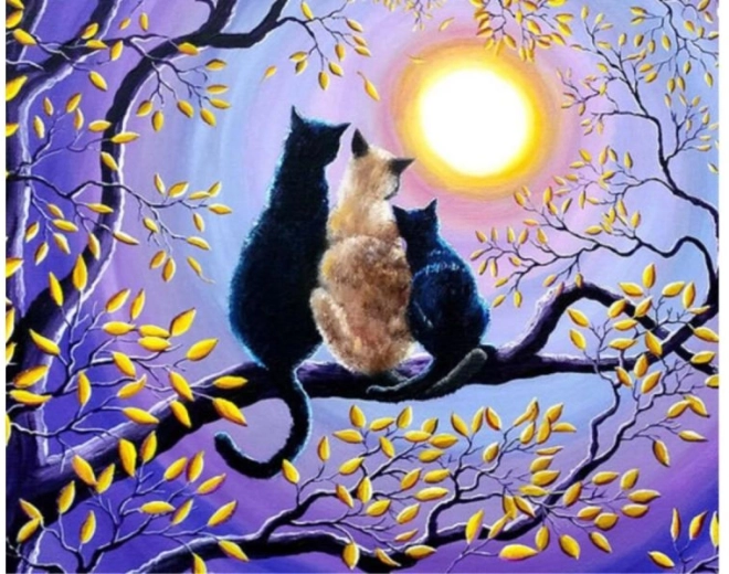 Diamantmozaïek (diamond painting) kattenfamilie in een boom 40 × 30 cm