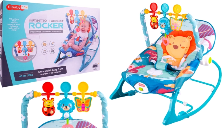 Ligstoeltje en schommelstoeltje met vibraties blauwe leeuw